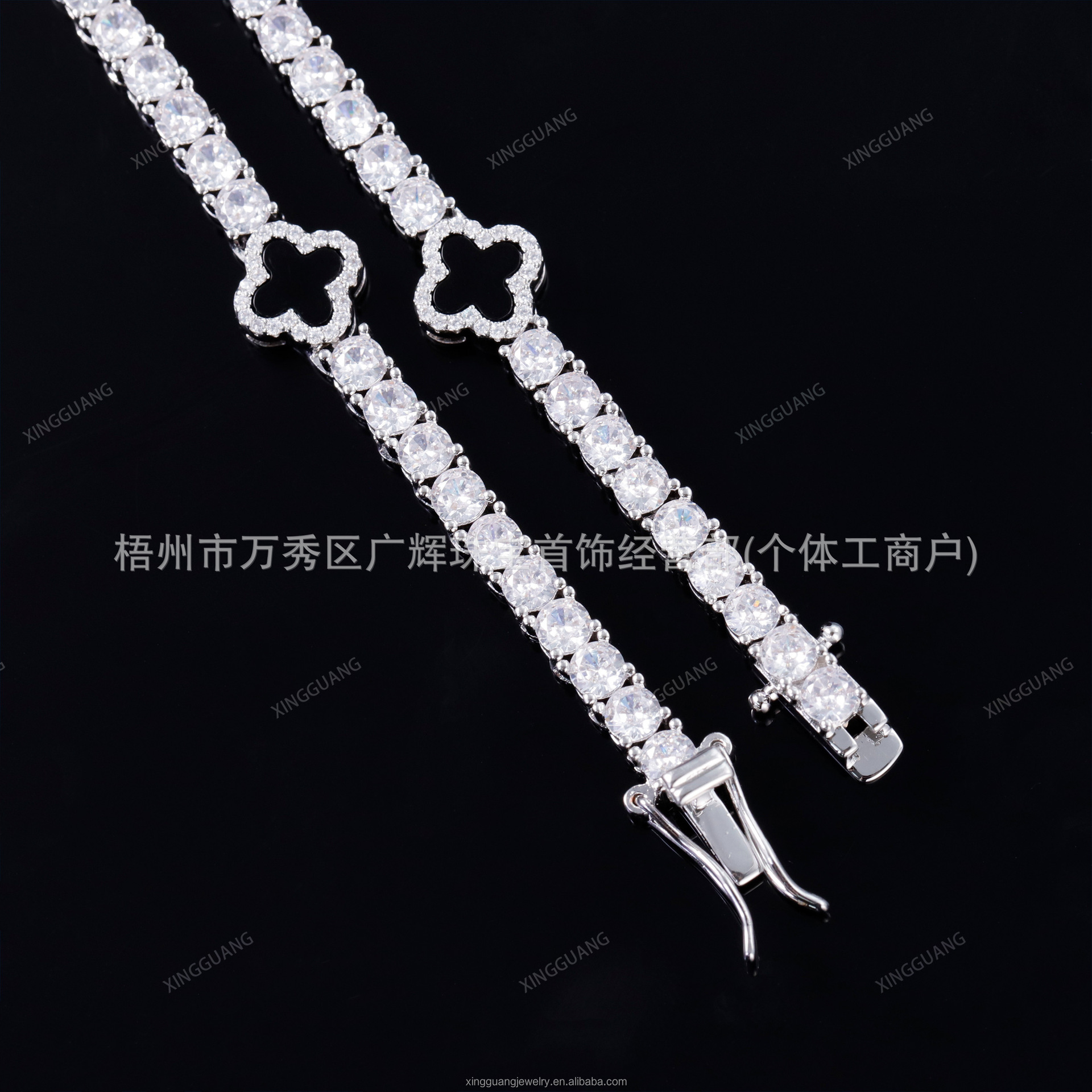 Cross-Border 925 Silver Vvs Moissanite Bracelet Black Agate Four-Leaf Hip Hop Fashion Bracelet