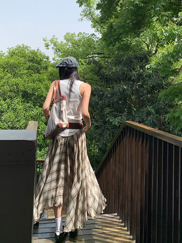 [Yunheyu] Irregular Plaid Skirt for Women 2025 Summer New Retro Versatile Skirt A-Line Long Skirt