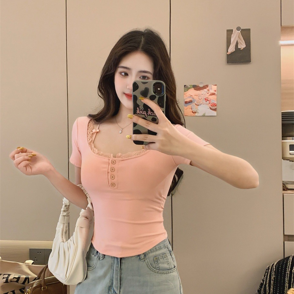 5088# pure wind lace stitching short sleeve T-shirt summer hot girl with chest pad bow slim slim short coat