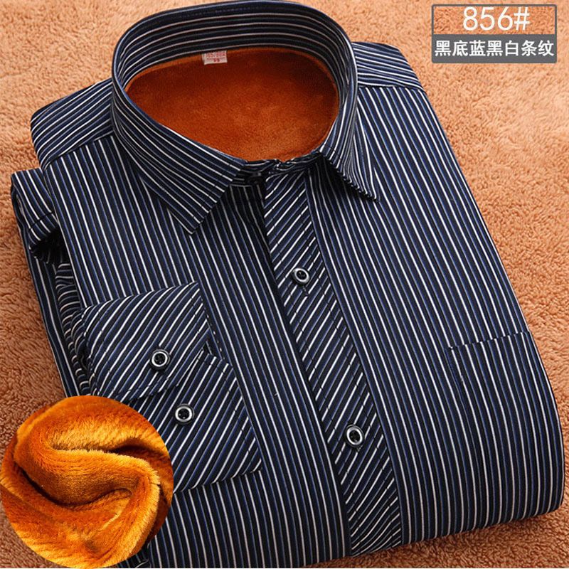 Off-Season Middle-Aged Men's Winter Velvet Thickened Warm Shirt Striped Plaid Straight Shirt Large Size Dad Wear