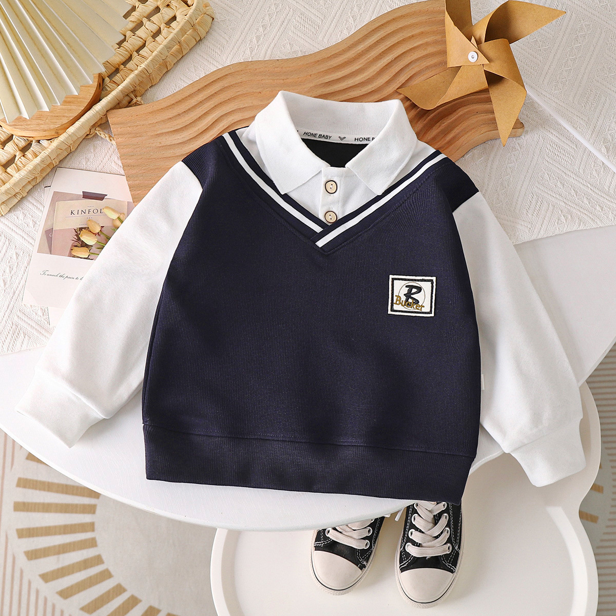Boys' Polo Collar Sweatshirt Autumn New British Style Fake Two-Piece Versatile Fashion for Older Children