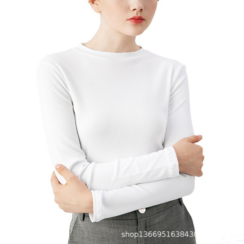 Autumn Heavy-Weight Imported Peruvian Cotton Round-Neck Long-Sleeve T-Shirt for Women, White All-Cotton Slim-Fit Korean Style Inner Layer Base Shirt