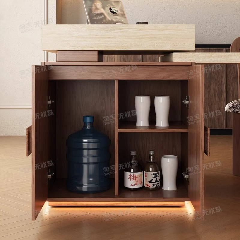 Medieval Style Island Table Integrated Dining Table for Home Retractable High-Grade Travertine Slate Guide Table Kitchen Open Counter