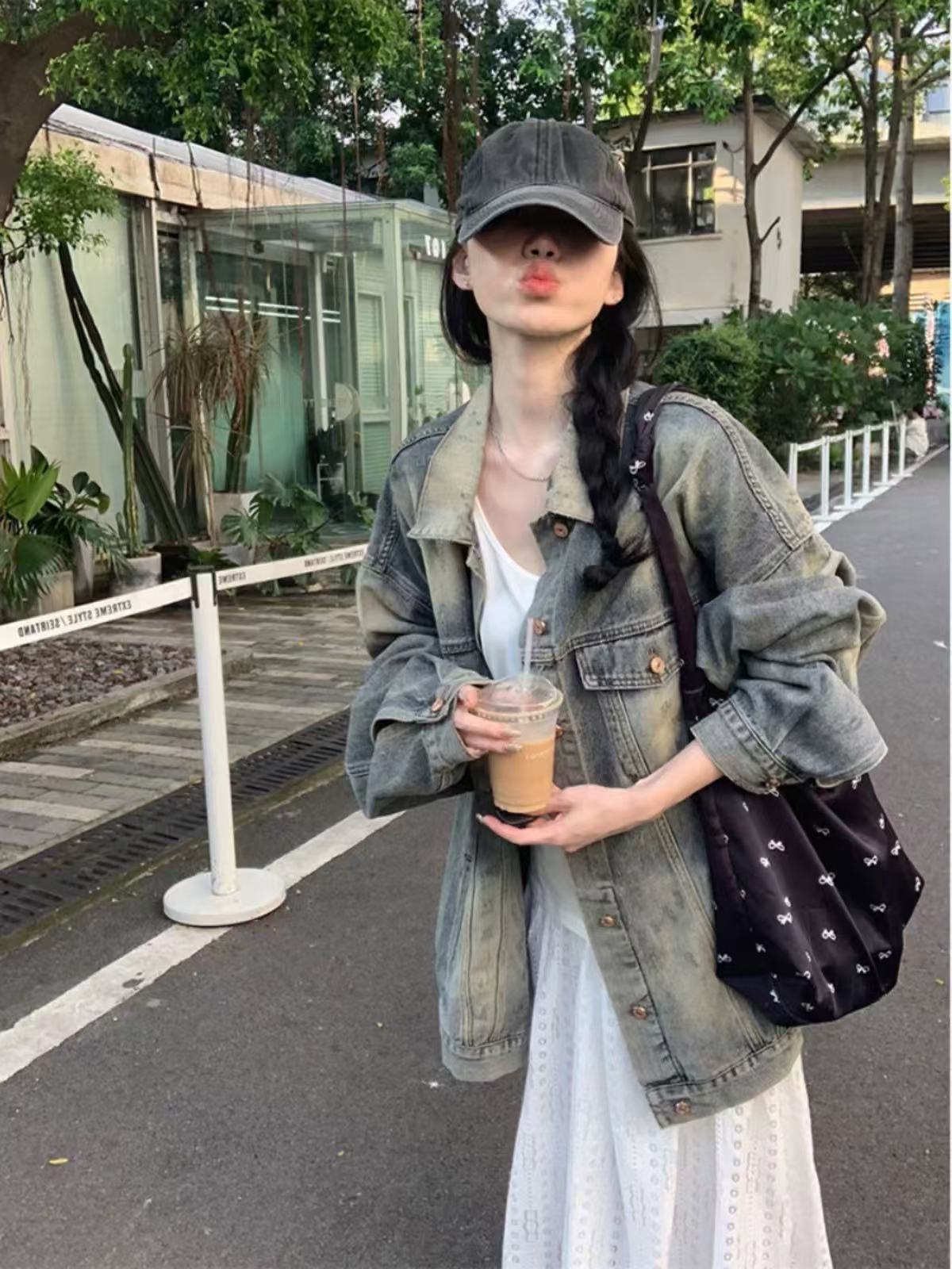 High Street American Style Vintage Washed Old Denim Coat Women's Spring and Autumn Loose oversize Mid-length Jacket Top