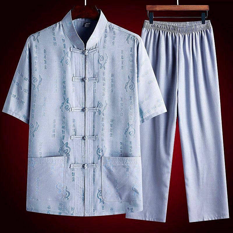 Костюм Тан Мужской Короткий Рукав Повседневный Костюм Одежда для Папы Летняя Одежда для Среднего Возраста и Пожилых Мужчин Стиль Династии Хань Летняя Одежда для Дедушек