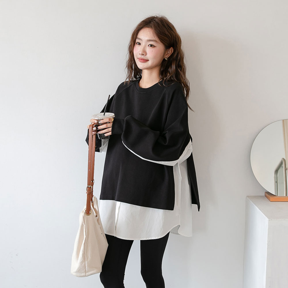 Autumn new maternity clothes Korean style fashionable western style stitching round neck sweater loose plus size slimming trendy hot mom top