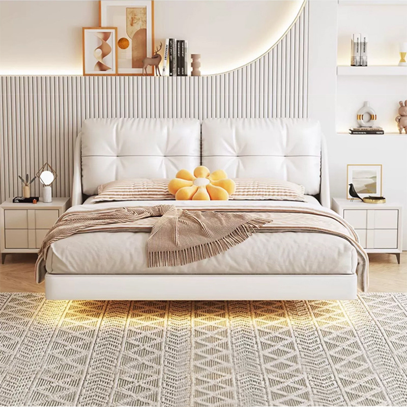 Оптовая продажа, двуспальная итальянская минималистичная кожаная кровать, современная подвесная кровать, мягкая кровать для небольшой квартиры