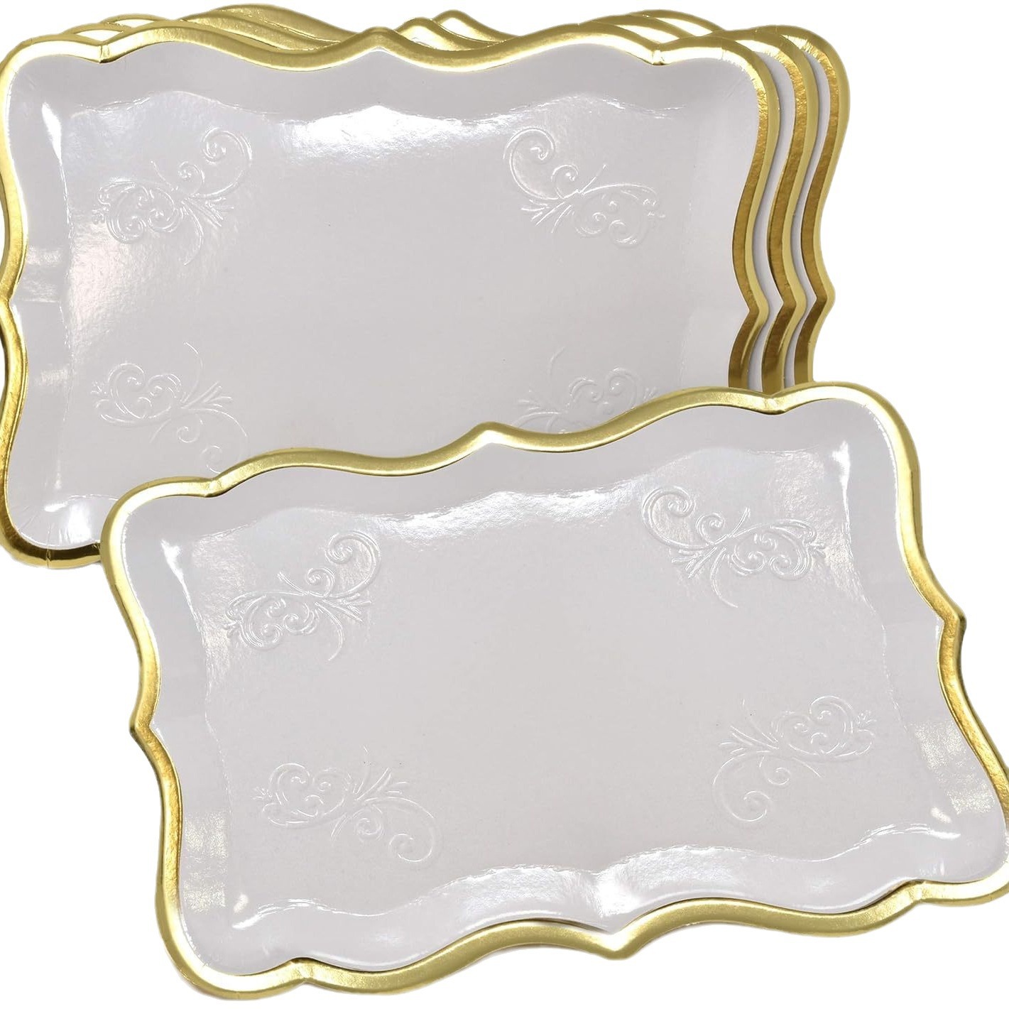White Gold Border Rectangular Tray with Gold Border for Dessert Display Table Party Disposable Paper Tray