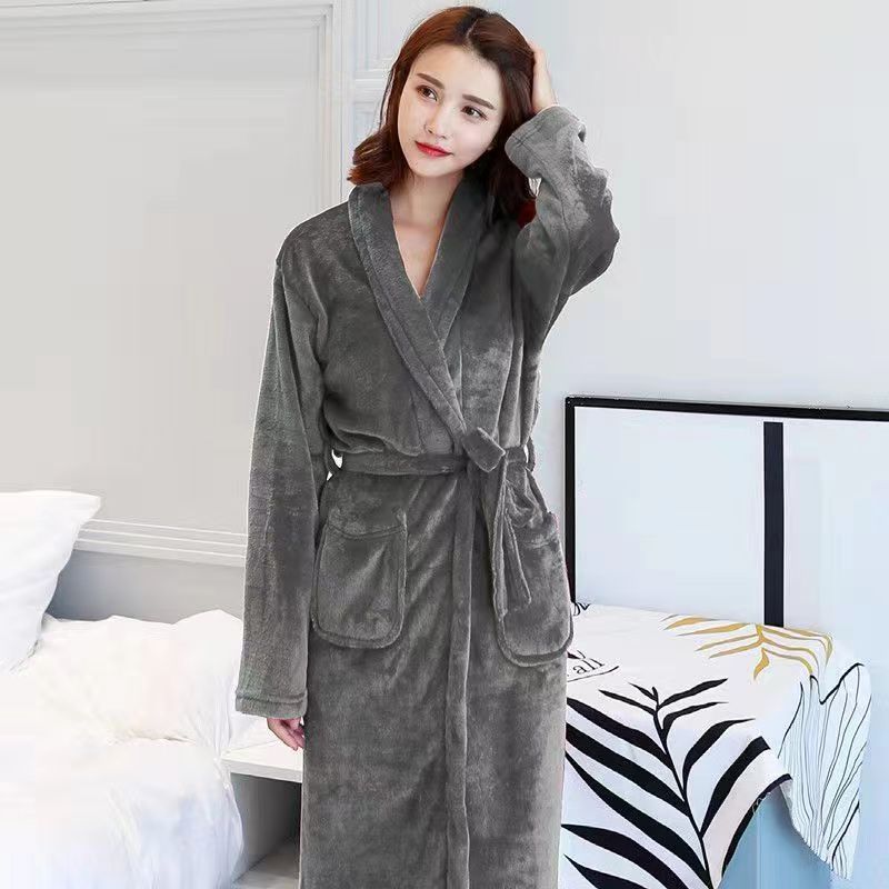 2023 Spring and Autumn Coral Fleece Bathrobe Winter Flannel Nightgown Long Sleeve Extended Length Ready Stock Long Sleeve Loungewear