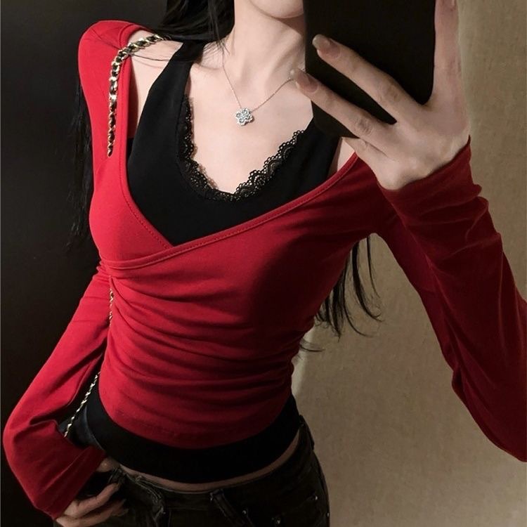 [Lightning Warehouse Hot Style] Fake Two-Piece Sexy Pure Desire Sexy Lace T-Shirt for Women with Fashionable Halter V Neck Top