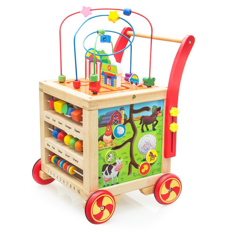 New Wooden Kidsren's Walker, Baby Walker, Multi-Functional Speed-Adjustable Wooden Educational Four-Sided Beads to Play with