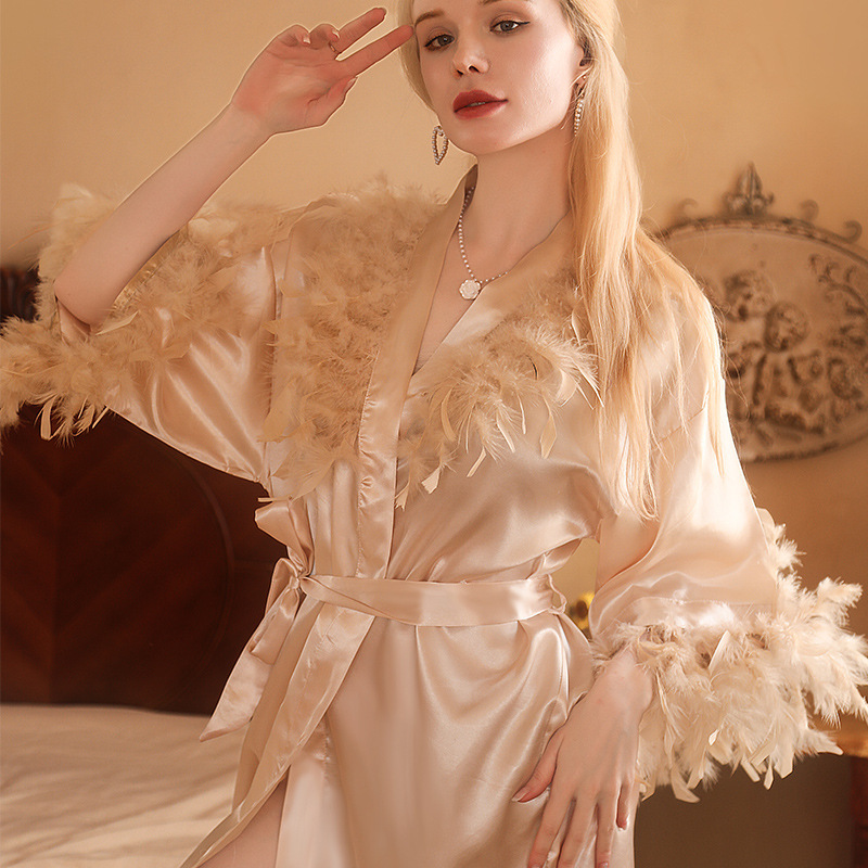 Cross-border plume morning gown women's feather nightgown wedding makeup bridesmaid group wedding kimono bathrobe Pajamas