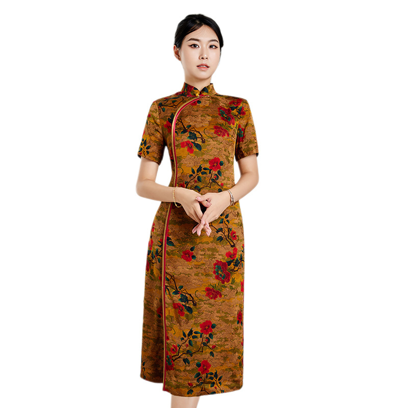 Printed Piping, Contrasting Colors, Retro Silks and Satins Cheongsam, Processing, Processing, Processing, Oem, Production and Processing, Customization