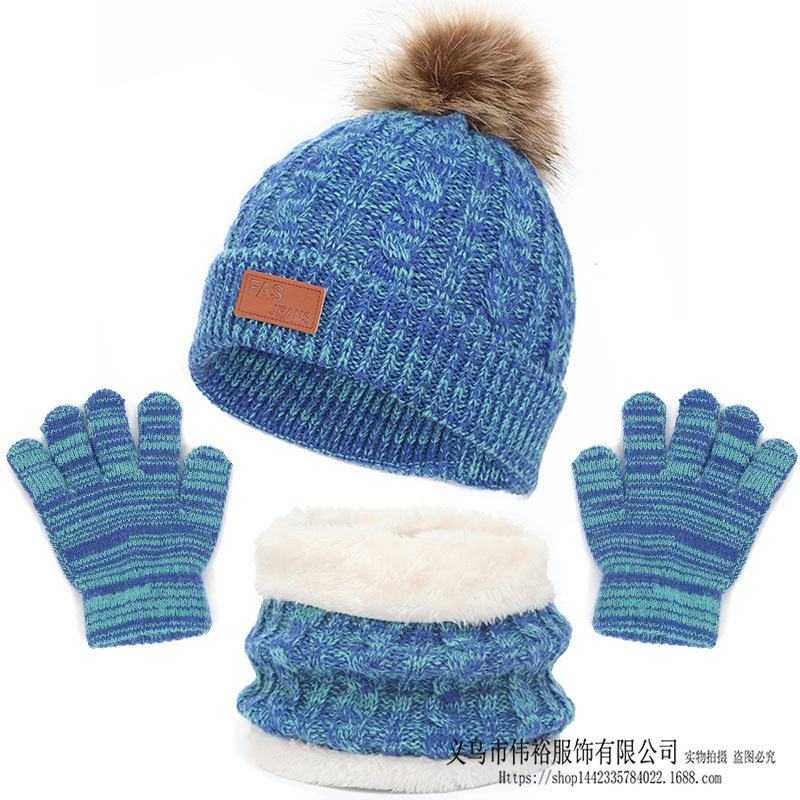 Cross-border European and American variegated children's hat scarf gloves three-piece autumn and winter New Single ball baby hat