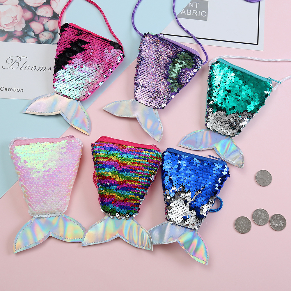 Children's Creative Sequins Mermaid Tail Coin Purse Crossbody Lanyard Coin Bag Small Wallet Storage Lanyard Bag