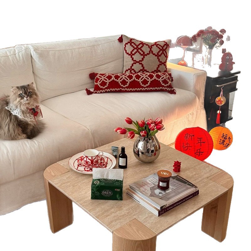 Cream Style Modern Simple Travertine Coffee Table Small Apartment Living Room Home Slate Solid Wood Coffee Table Tea Table B&B