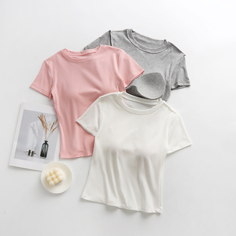 Футболка с коротким рукавом и нагрудной подушечкой, женская летняя, без бюстгальтера, однотонная, Тенсел, верхняя одежда, круглый вырез