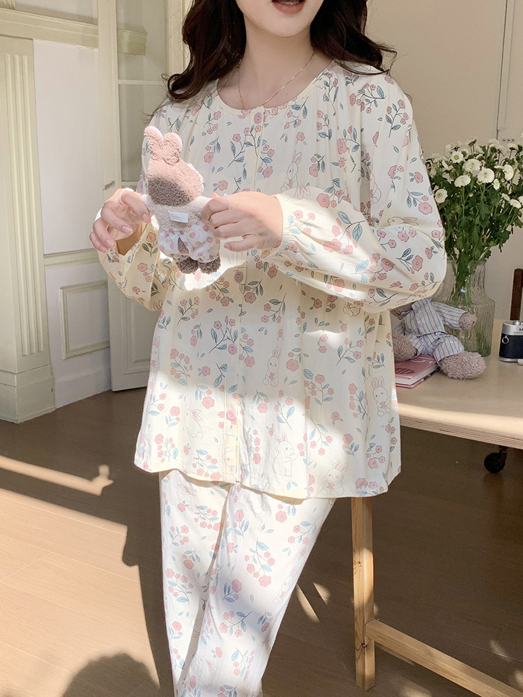 7A Antibacterial Maternity Pajamas Class a Pure Cotton Confinement Clothes Spring and Autumn August Postpartum Maternity Breastfeeding Home Clothes