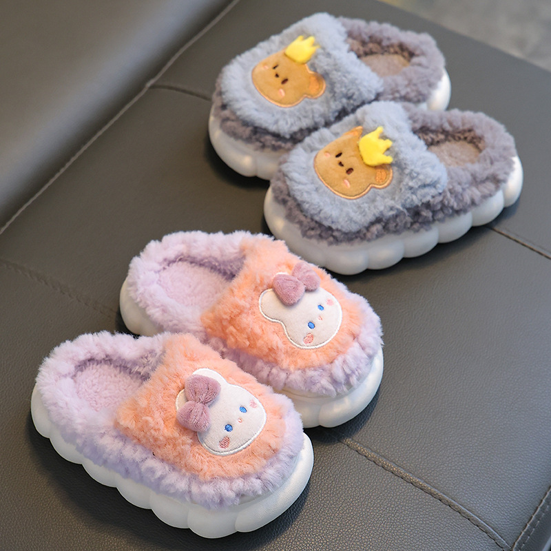 Winter Children's cotton slippers boys and girls warm non-slip fleece-lined parent-child bag heel children's baby plush cotton slippers