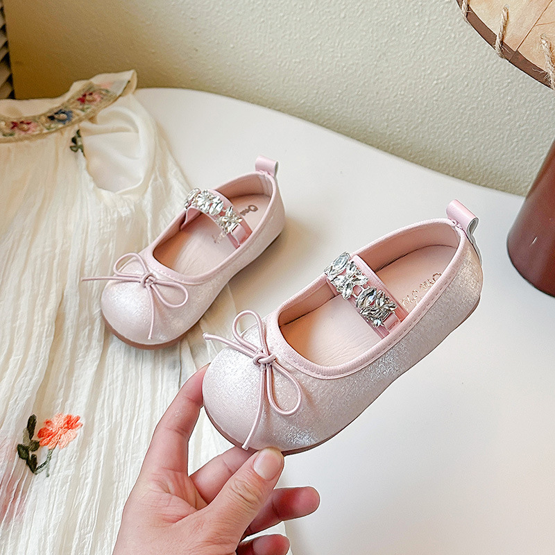 Girls Satin Princess Shoes 2025 Spring New Rhinestone Small Leather Shoes French Fashion Elegant Shoes
