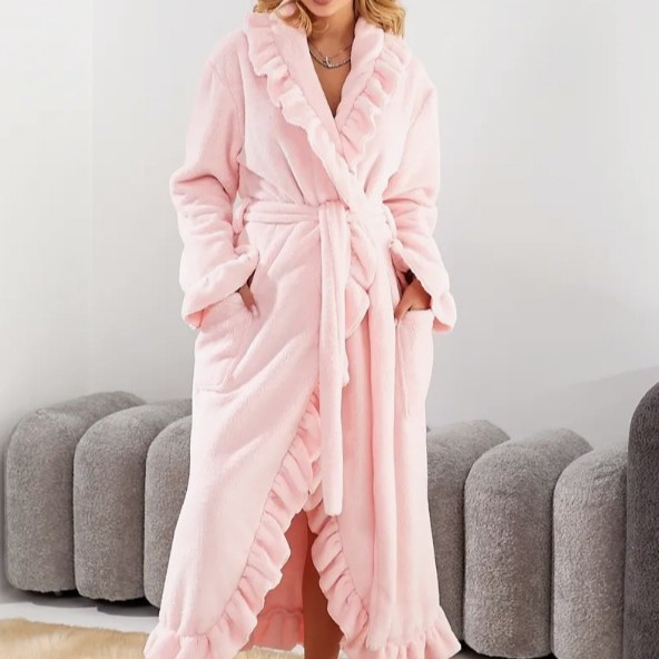 European and American Amazon Cross-Border Women's Long Warm Nightgown Home Clothes Autumn and Winter Coral Velvet Thickened Bathrobe