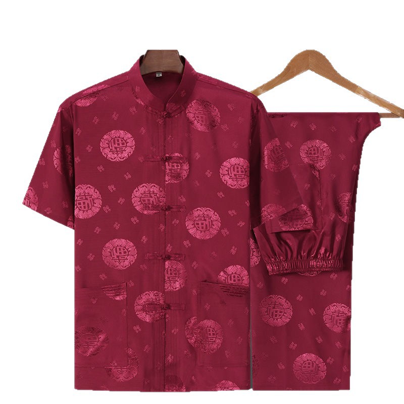 Ice Silk Tang Suit for Middle-Aged and Elderly Men, Short-Sleeved Shirt Suit, Casual Grandpa Summer Dress, Chinese Style Plus Size Dad Han Dynasty