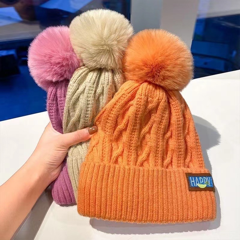 Hat Women's Winter Fleece-lined Warm Wool Hat Women's Winter Fashionable Fur Ball Knitted Hat Korean Style Fashionable All-match Thickened Cold-proof Hat
