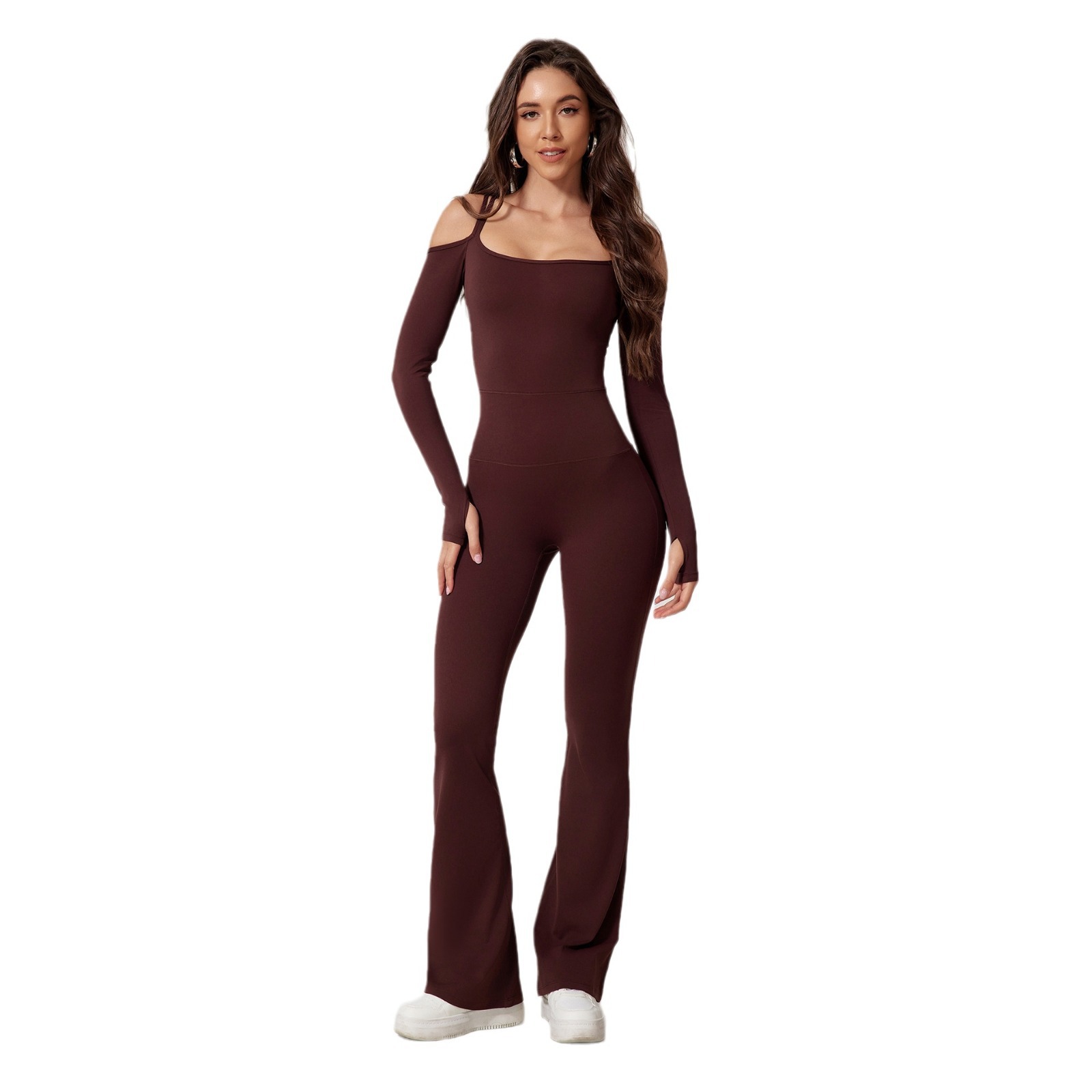 Europe and the United States cross-border autumn and winter new style jumpsuit back off-shoulder double shoulder strap sexy one-piece long sleeve flared pants