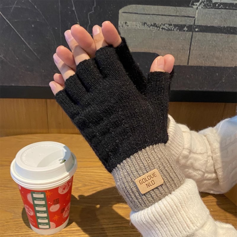 Winter Student Half-Finger Gloves Wool Knitted fleece-lined Touch Screen Writing Non-Slip Open-Finger Warm Gloves for Cycling