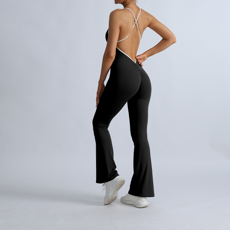 Customized Processing of Foreign Trade Cross-Border Sports Fitness Yoga Jumpsuits, Nude-Feeling High-Elastic Beautiful Back Quick-Drying Flared Trousers