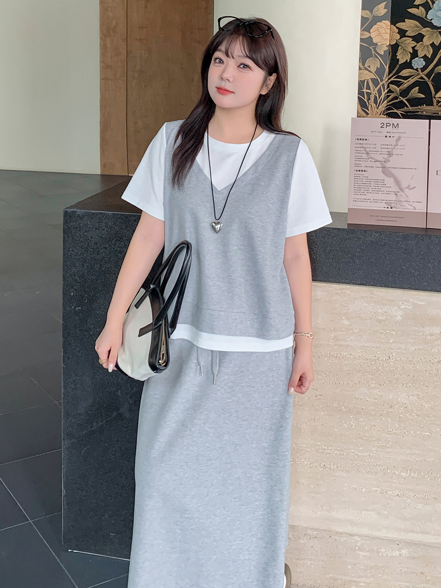 Korean Preppy Style Casual Street Two-Piece Summer Fake Two-Piece Vest T-Shirt Skirt Suit 281523