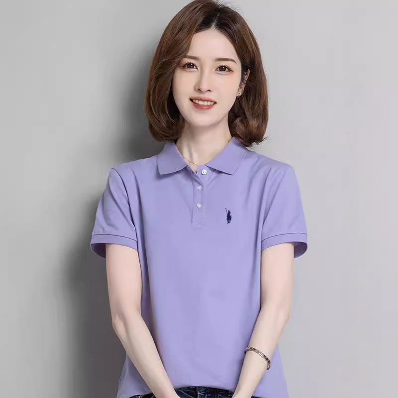 Хлопковая рубашка-поло с отложным воротником для женщин, футболка с коротким рукавом, летняя свободная рубашка, вышитая рабочая одежда