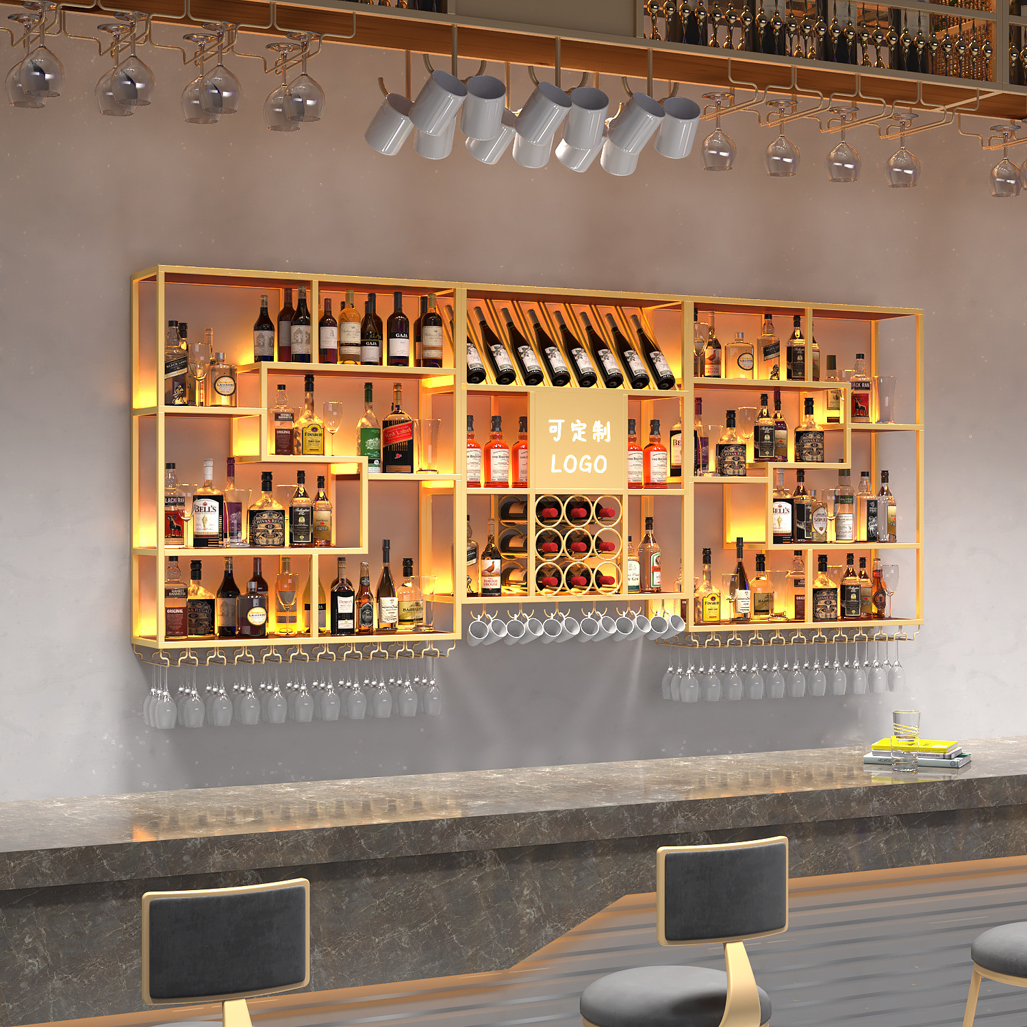 Popular Bar Table Wine Cabinet Wall-Mounted Wine Rack Clear Bar Industrial Style Red Wine Cabinet Display Rack Light Luxury Storage Rack