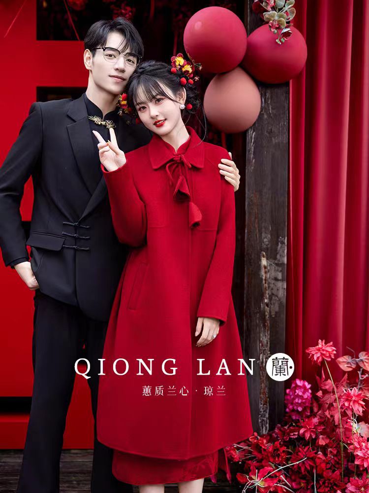 New Year Red Imitation Wool Coat Little 2024 Autumn and Winter Engagement Wedding Toast Bridal Woolen Coat