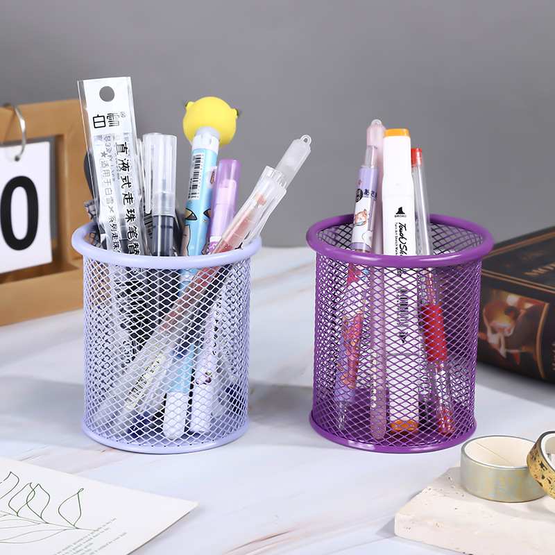 Creative round hollow multi-functional metal pen holder desktop office storage box student learning stationery