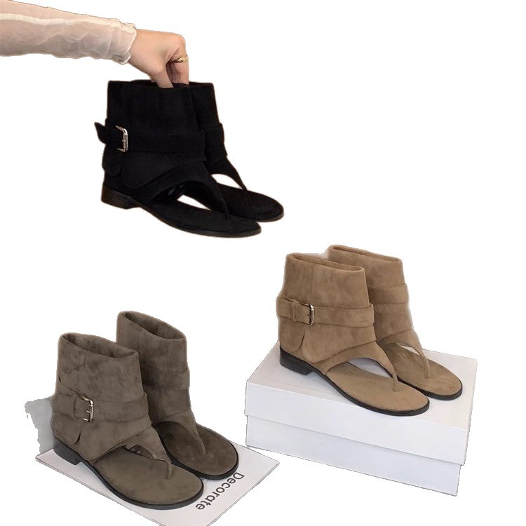 French-Style Back-Strap Thong Sandals for Women, 2025 Summer New Flat Sandals with Slip-On Pant Leg Fashion Roman Ankle Boots