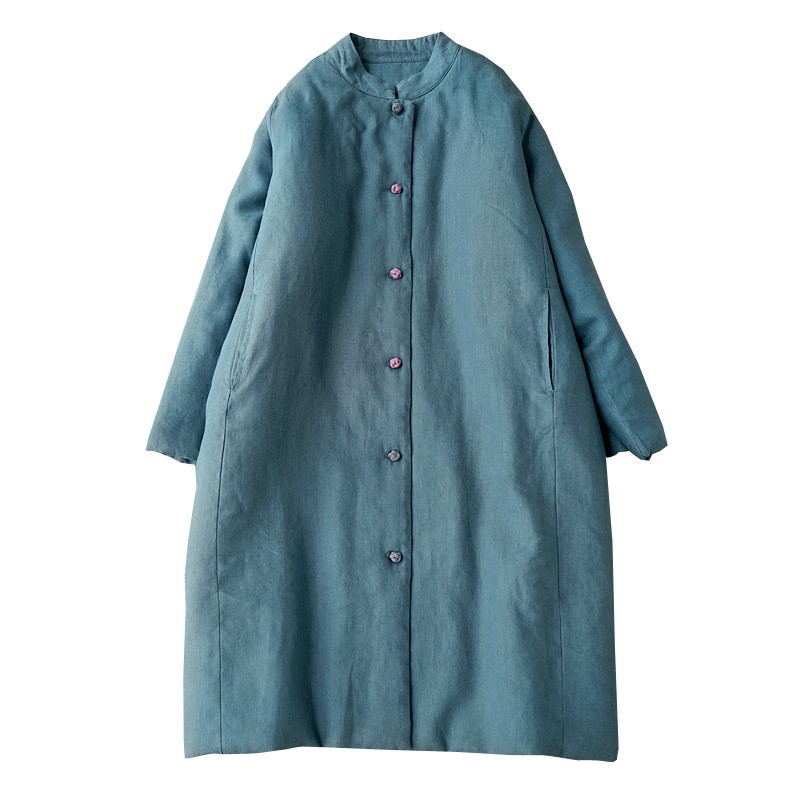 2025 Autumn/Winter Artistic Retro Loose Plus Size Women's Linen Layered Stand Collar Buttoned Mid-Length Coat Cotton Jacket