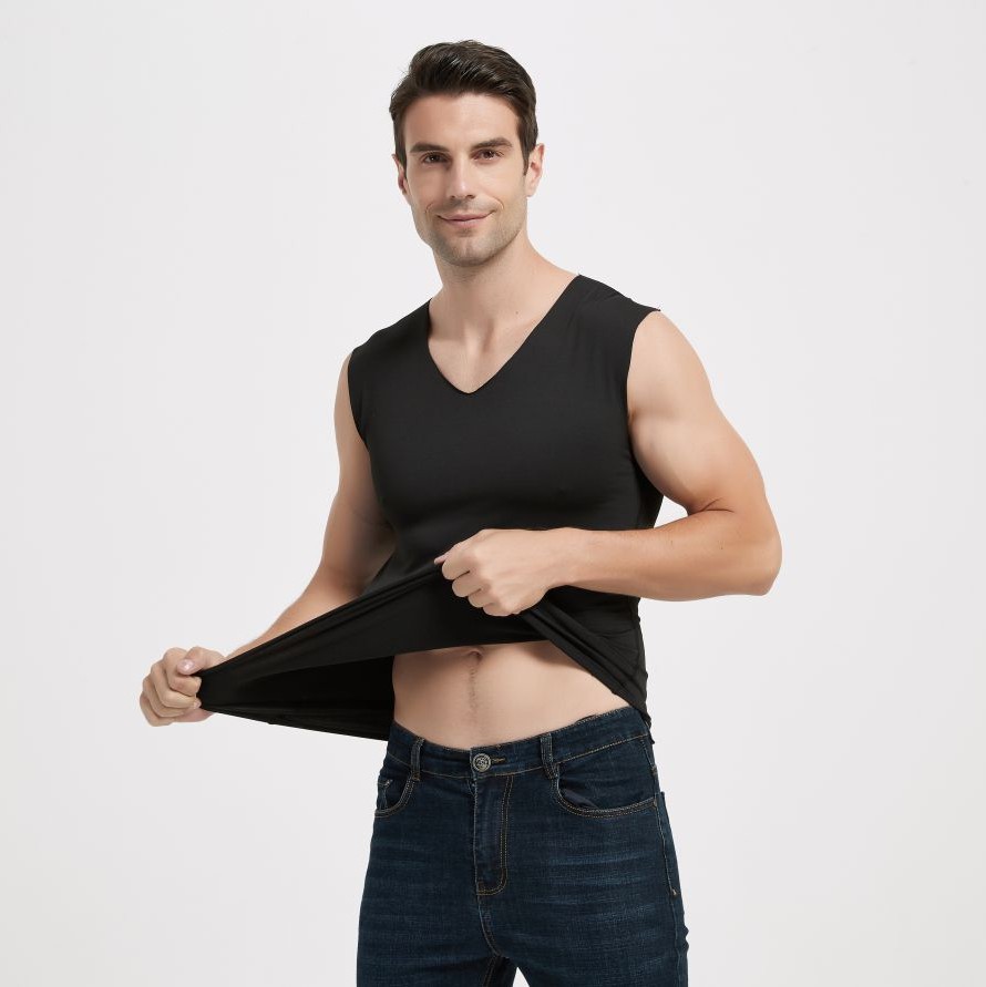 Men's V Neck Seamless Thermal Vest Top Fleece-Lined Thickeneded Milk Silk Elastic Wide Shoulder Brushed Vest Bottoming Shirt