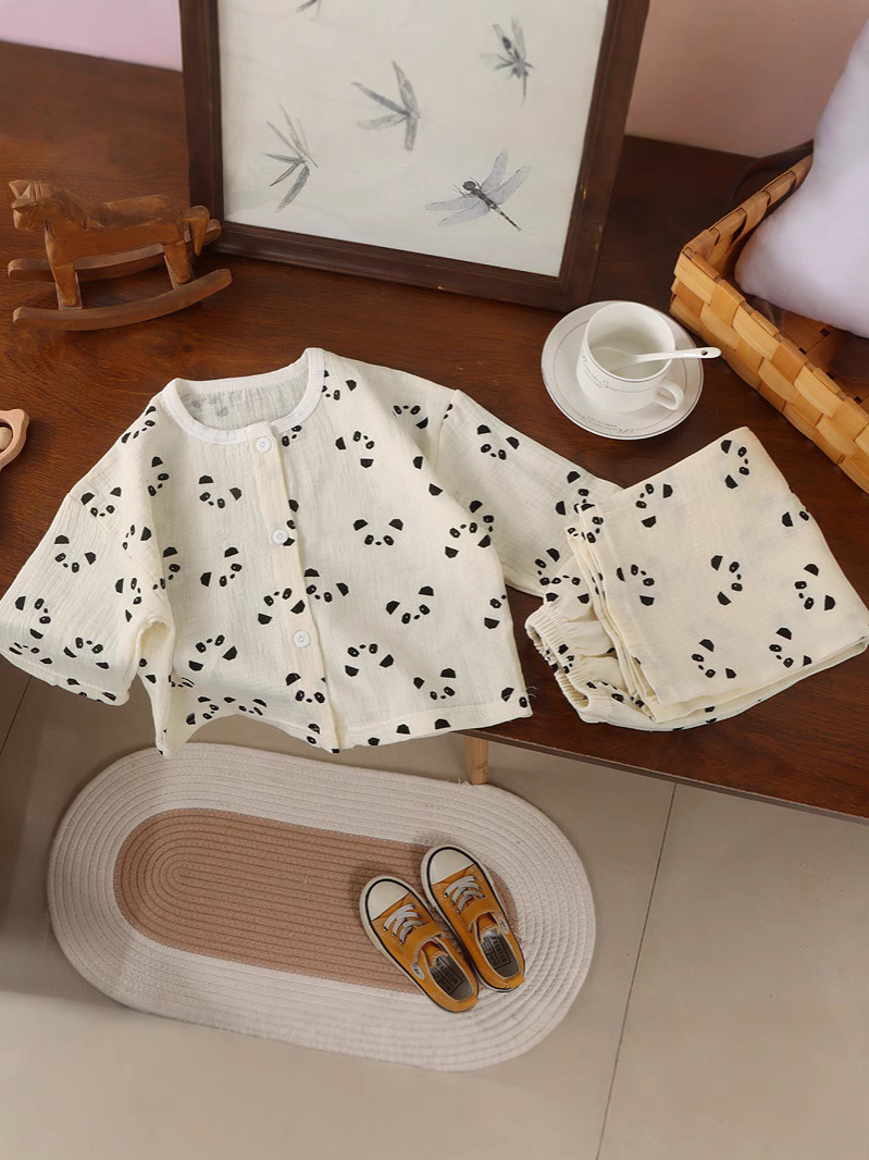 Girls Pure Cotton Cardigan Pajamas Kidsren's Nine-Quarter Sleeve Home Clothes Thin Baby Double-Layer Cotton Gauze Air-Conditioned Clothes Set