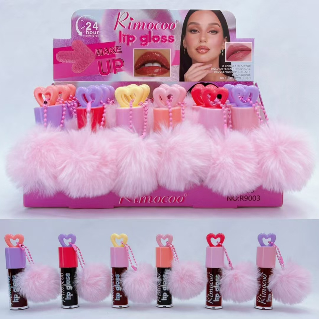 Cross-Border New Style Fur Ball Pendant Lip Gloss Lipstick Water Lip Glaze Moisturizing Water Gloss Lip Gloss Long-Lasting Moisturizing Lip Gloss