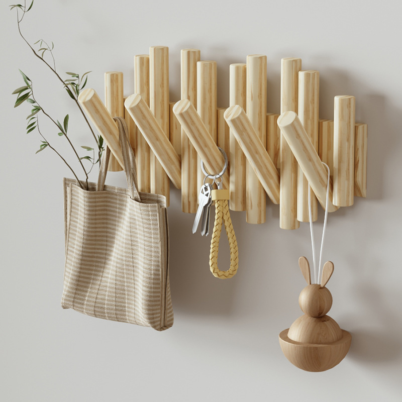 Solid Wood Coat Rack Wall Hanging Wall Hanging Hanger Bar and Stick Folding Door Back Wall Hanging Hook Bedroom Nail-free Storage Rack
