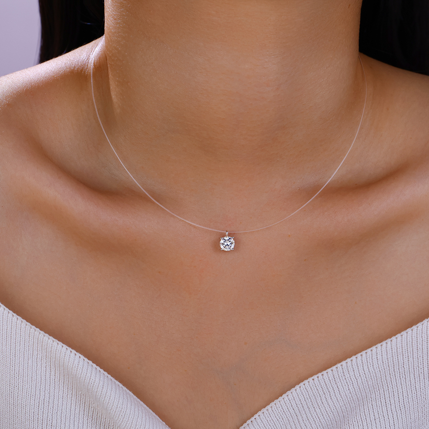 Douyin Moissanite 18K White Gold Invisible Fish Line Water Drop Pendant Clavicle Chain Casual Mermaid Tears Necklace for Women