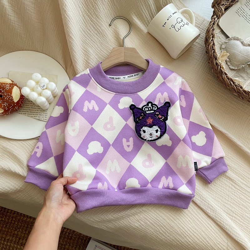 New Girls Milk Silk Sweatshirt Autumn and Winter Long-Sleeved Plus Fleece Sweater Baby Girl Cartoon Kuromi Warm Bottoming Shirt
