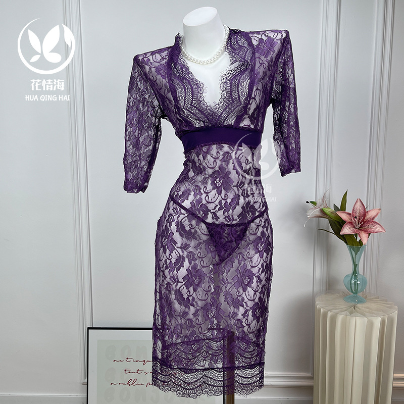 Floral Sea Sexy Lingerie Lace Mesh Dress Deep V Low-Cut Strap Nightgown Home Sleepwear Plus Size A038