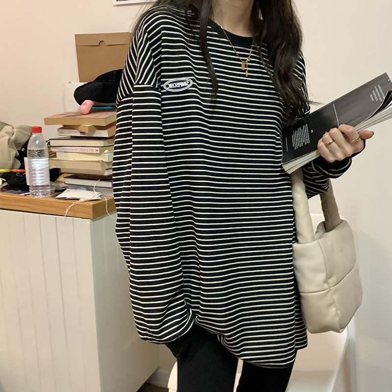 Striped T-Shirt Base Layer for Women, 2025 Autumn New Round Neck Long-Sleeve Sweatshirt, Korean Style Tops, Women's Clothing for Export