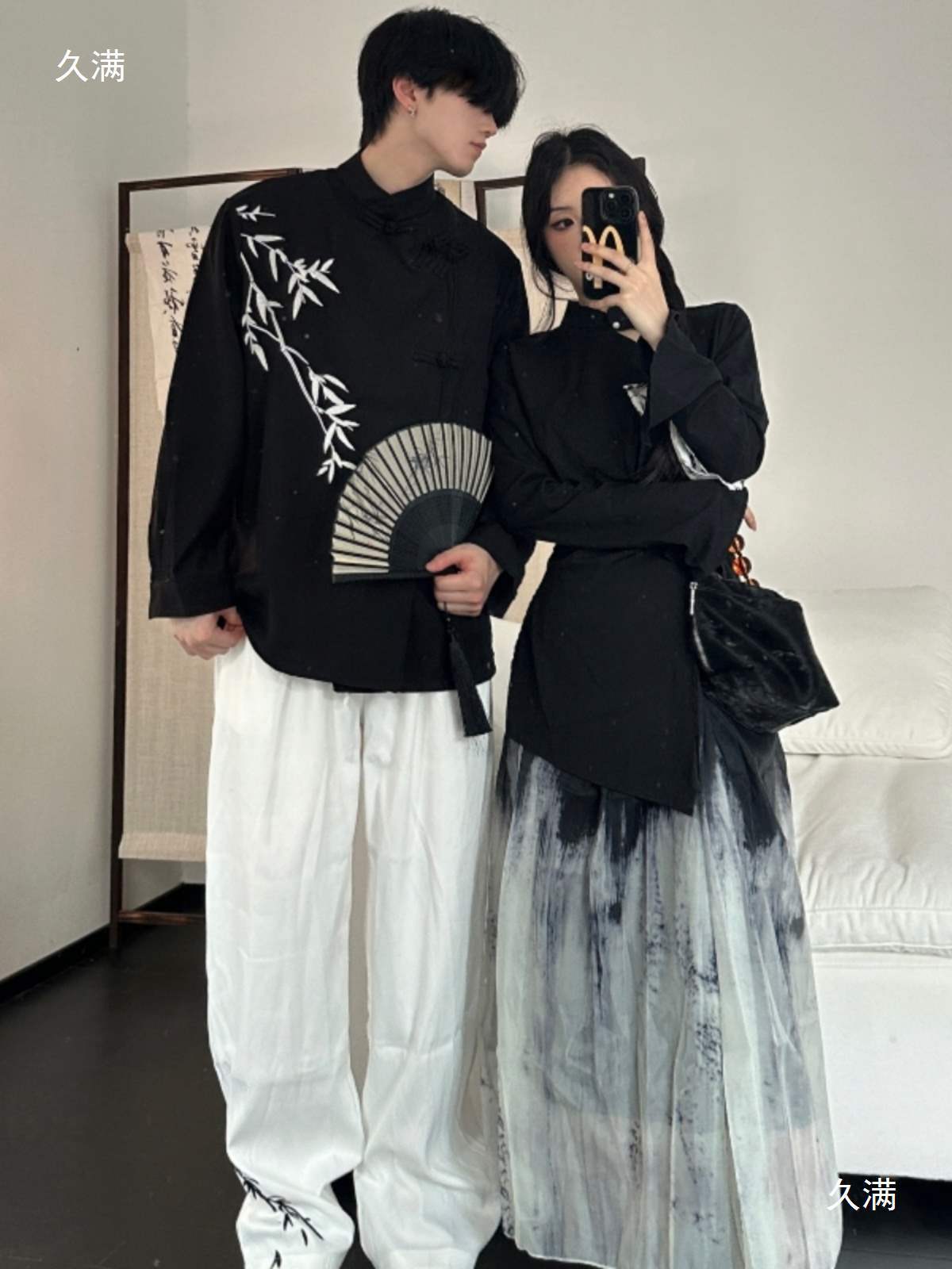 New Chinese Style Couple Outfit Junior High School Graduation Class Uniform Summer Bamboo Embroider Shirt Ink Painting Chorus Performance Uniform