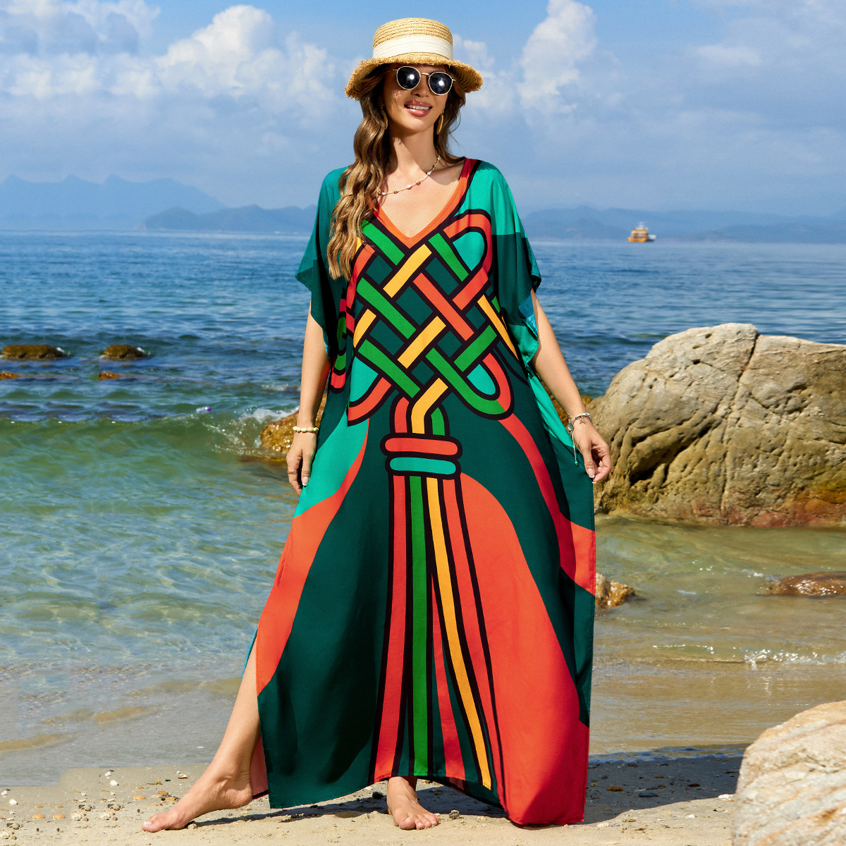 Beach Cover-Up Rayon Positioning Printed Vacation Robe Bikini Dress Amazon 1126 (32 Colors) F