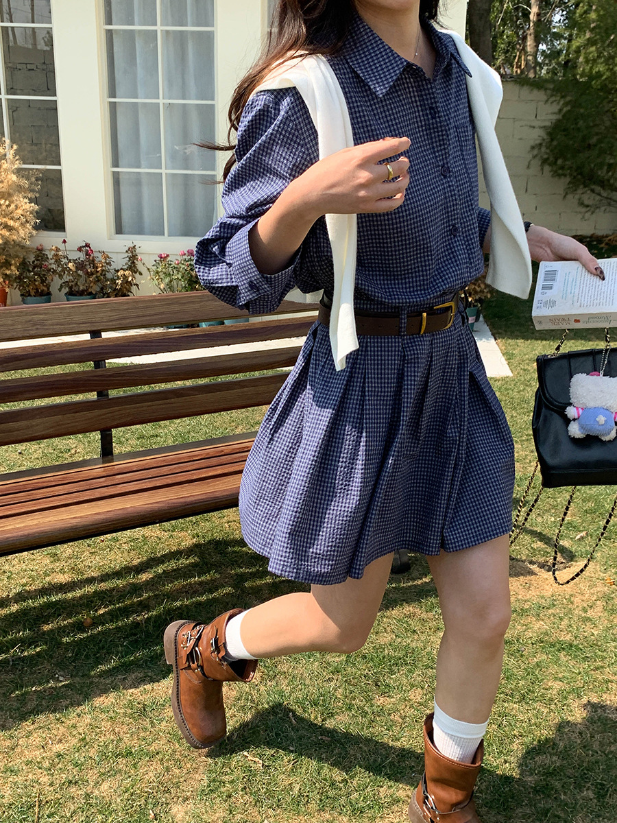 3th Morning with belt Middle Korean blue plaid shirt dress ZY2641