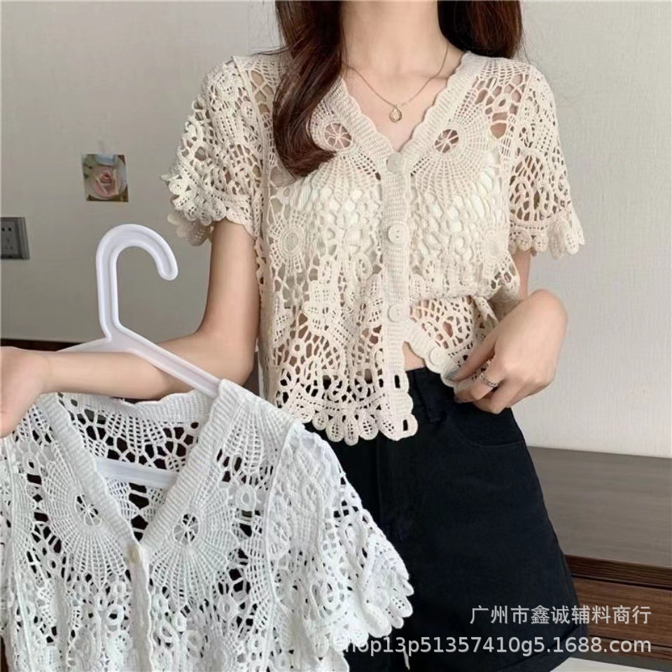 Летняя французская ниша, V-образный вырез, полая кружевная рубашка, женская сладкая свободная универсальная стройнящая модная рубашка