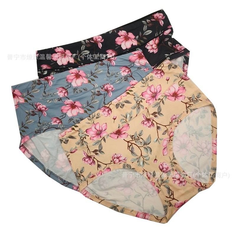 Plus Size Underwear for Women with Floral Pattern, Beautiful Size, Washed Mark, Sexy Buttocks, Export, Enlarged and Fattened High-Waisted Briefs